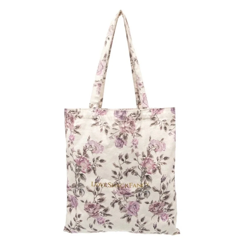 LoveShackFancy Floral Canvas Tote Bag Cottagecore Pink Roses Shopper NWT
